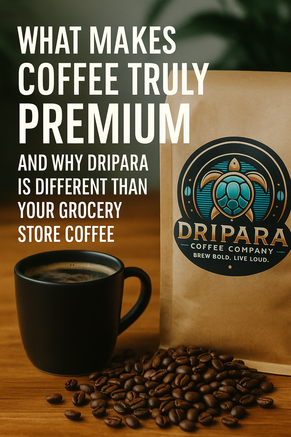 Dripara Coffee Company premium specialty coffee beans with branded packaging, a fresh cup of coffee, and text overlay saying What Makes Coffee Truly Premium – Why Dripara is Different Than Your Grocery Store Coffee.