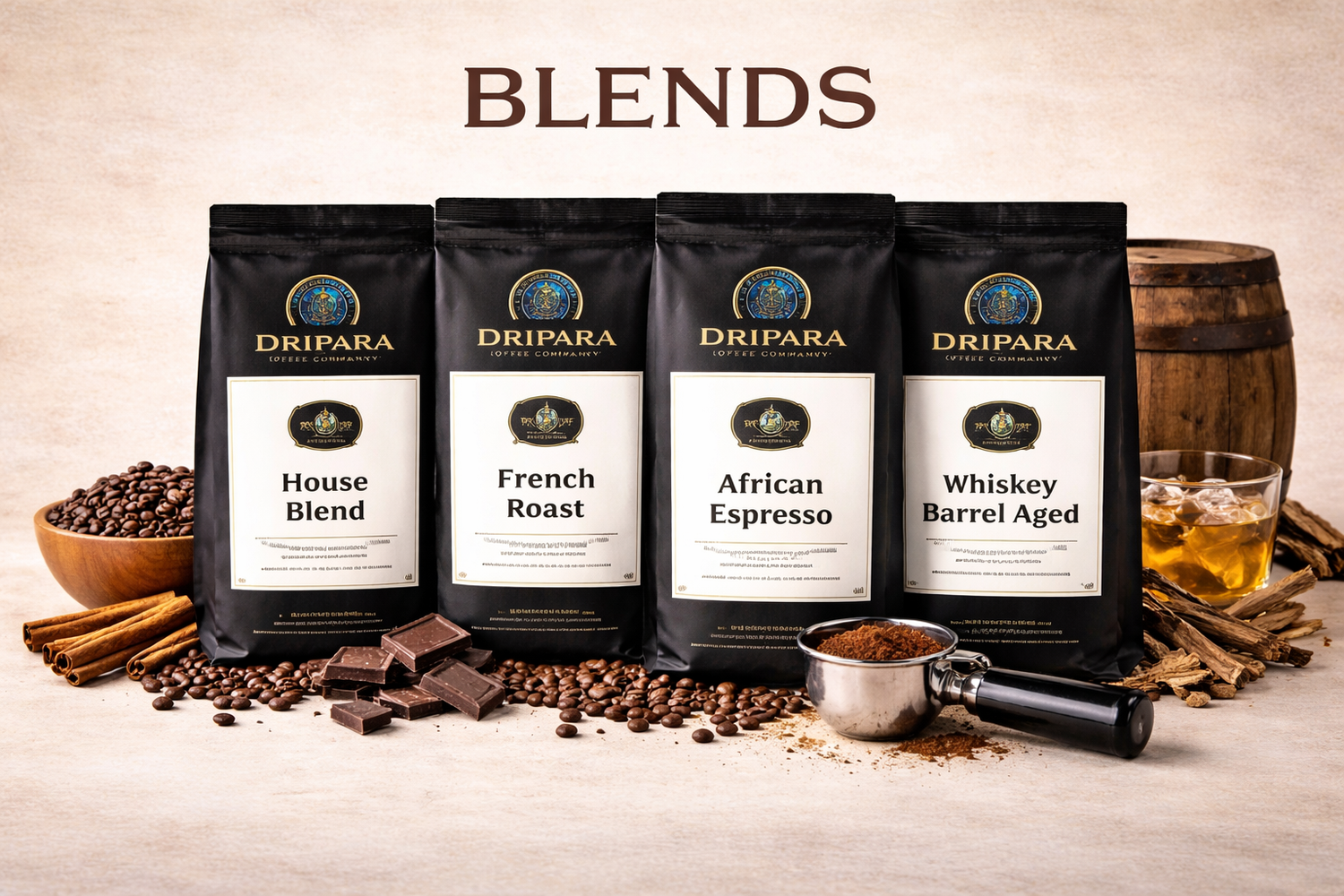 Dripara Coffee Company signature coffee blends featuring African Espresso, House Blend, French Roast, and Whiskey Barrel Aged coffee in black resealable bags.