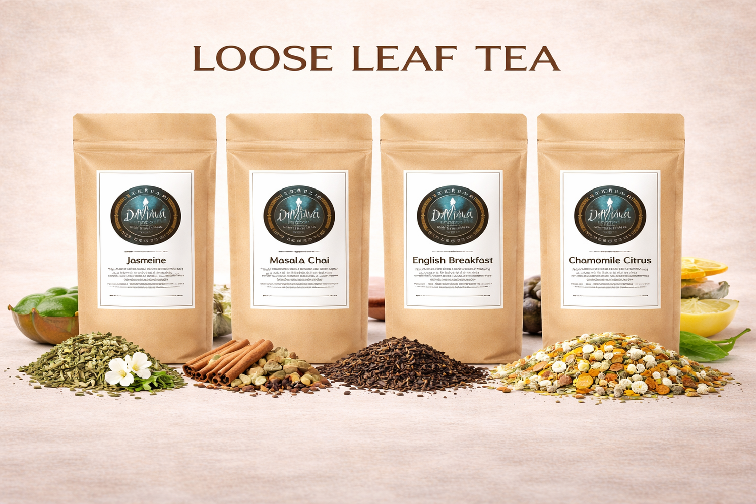 Dripara loose-leaf tea collection featuring Jasmine, Masala Chai, English Breakfast, and herbal teas in kraft paper bags.