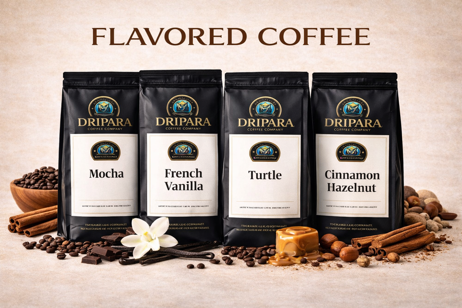 Dripara Coffee Company flavored coffees featuring chocolate, vanilla, caramel, and spiced blends in black resealable bags.