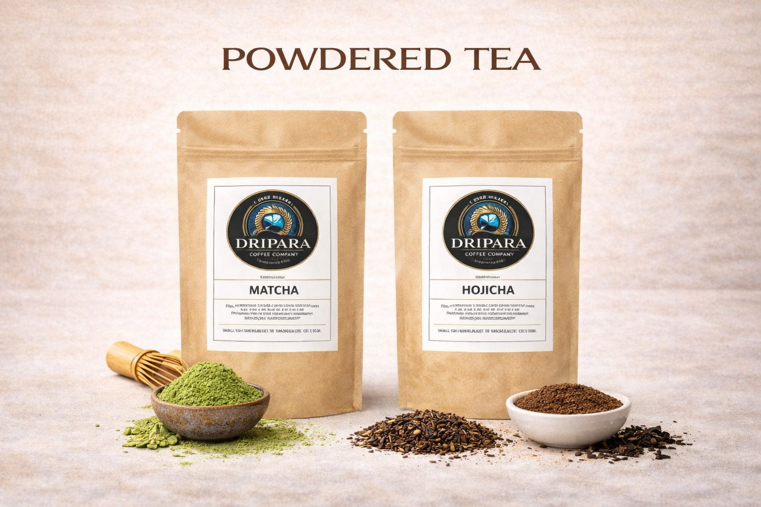 Dripara Powdered Tea collection featuring matcha and hojicha in kraft bags with green and roasted tea powders.